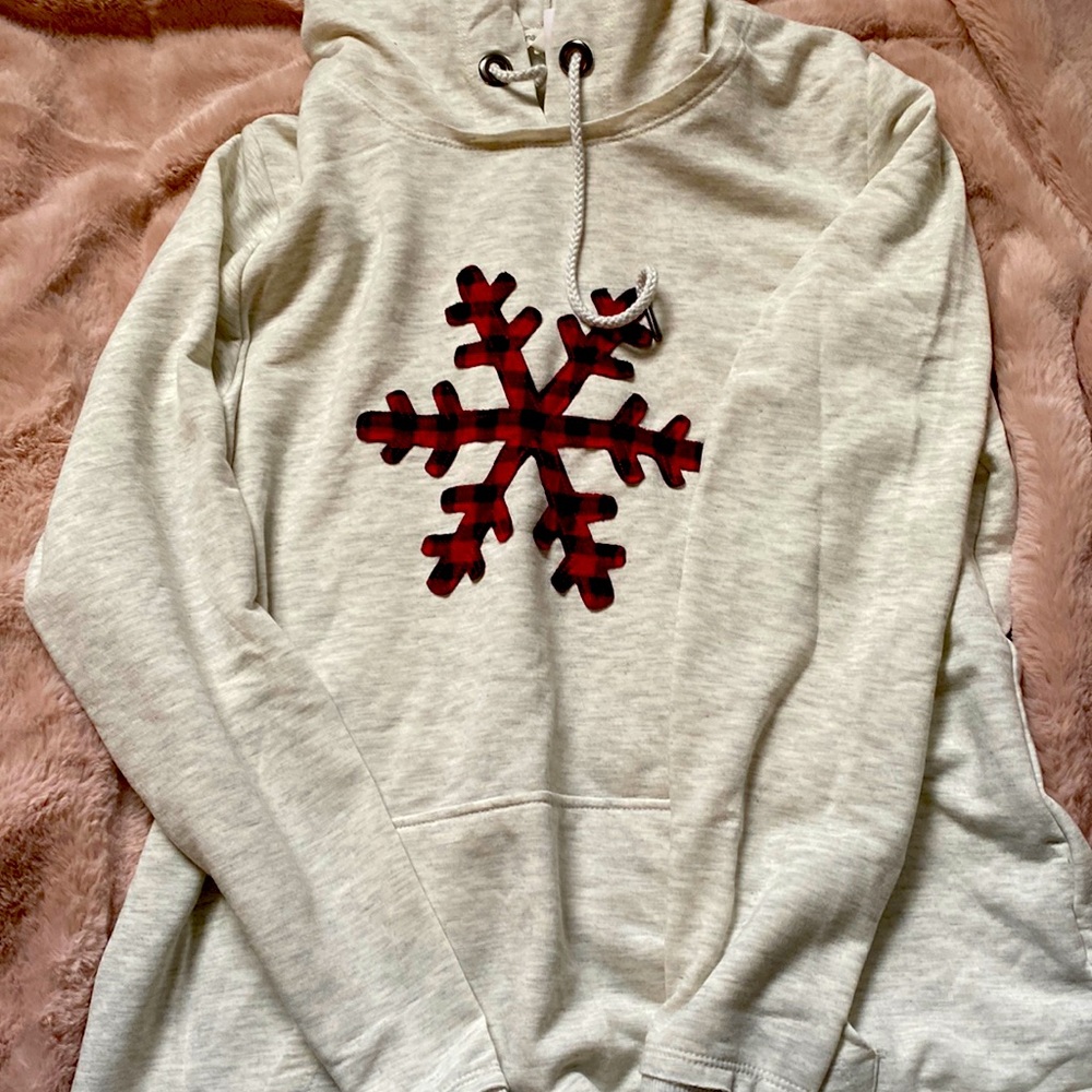 Maurice’s sweater, US small, silver sweater with red plaid snowflake in middle.